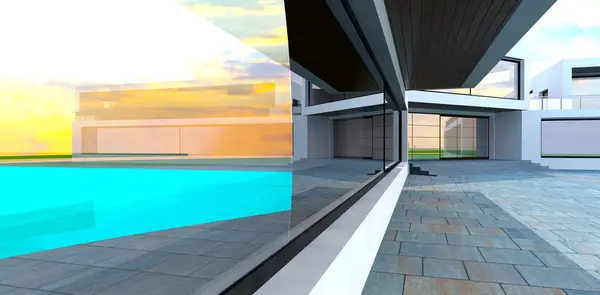 长期的全景窗户反映了现代豪宅内的游泳池 混凝土路面表面白皙 外观美观 3D渲染 — 图库照片