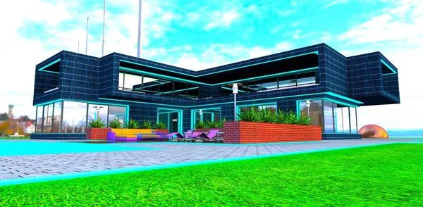 Belle Habitation Banlieue Construite Selon Technologie Écologique Panneaux Solaires Comme — Photo
