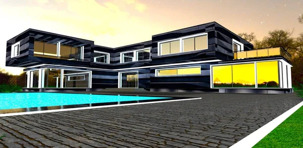 夜景独特的郊区别墅和游泳池 好主意 为房地产经纪公司的横幅 3D渲染 — 图库照片