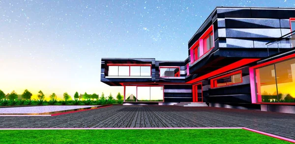 Red glowing elements of the modern cottage facade at night. Innovative design of stone finishing material. 3d rendering.