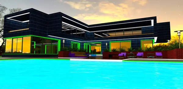 Vidunderlig Blå Glødende Overflade Swimmingpoolen Foran Den Private Miljøvenlige Hytte - Stock-foto
