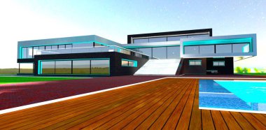 Özel mülkün karmaşık tasarımı. Gece görüşü. Uzun güverteli bir yer. Aydınlatılmış merdiven. 3d oluşturma.