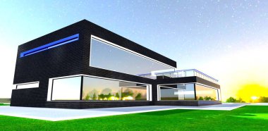 Şık seçkin mülkün arkasında gün doğumunun erken saatlerinde. Banliyö emlakçıları için mükemmel bir pankart. 3d oluşturma.