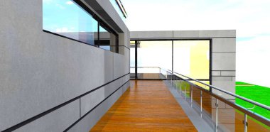 Çelik parmaklıklarla döşenmiş cam korkuluklu terasın bir parçası. Duvar kaplaması gibi taş kaplama. 3d oluşturma.