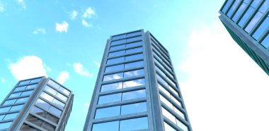 Kiralık daire gayrimenkul, reklam için iyi bir afiş. Gökyüzüne karşı üç beton kule. 3d oluşturma.