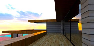 Yansıtıcı cam pencerelerle ahşap cephe. Döşemeli çağdaş mülkün terası. 3d oluşturma.