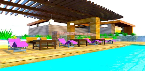 四个紫色的日光浴者在郊区木屋甲板上酒吧的游泳池边 游泳池 奢侈品 生活方式 — 图库照片
