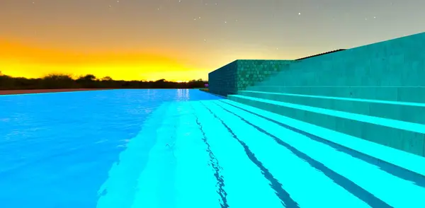 Glowing turquoise concrete staircase down to the pool. The steps visible under the transparent water at night. 3d rendering.