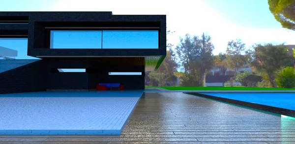 控制台阳台的全景窗上映衬着蓝色的天空 最后是黑色的砖头 独特的郊区房子 有游泳池 3D渲染 — 图库照片