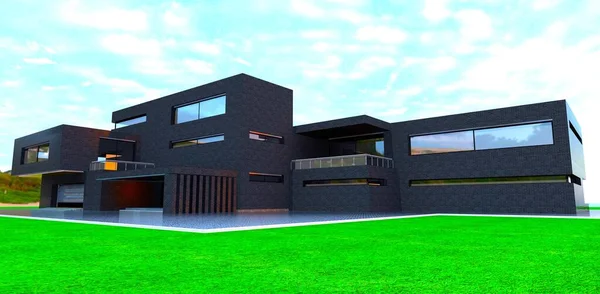时尚的黑砖装修的先进国家的住房建设 3D渲染 — 图库照片