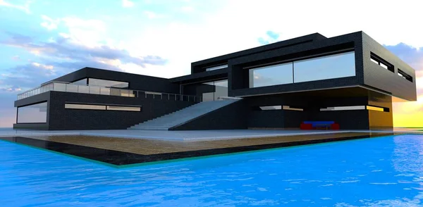 这是一座用黑色砖瓦建成的独具特色的豪宅 景色令人惊叹 蓝色池面上的小浪花 3D渲染 — 图库照片