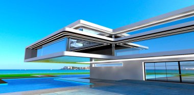 Modern evin konsol katı gelişmiş İtalyan mühendisler tarafından tasarlandı. Adriyatik Denizi 'ne bak. 3d oluşturma.
