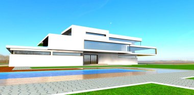 Havuzun etrafındaki beton kaldırım yolu beyaz yüzlü şık bir gayrimenkulün girişinin önünde. 3d oluşturma.
