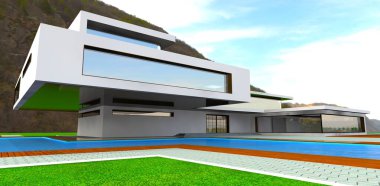 Çağdaş gayrimenkul unsurlarının konsol yapısı. Ön cephe olarak beyaz alçı. 3d oluşturma.