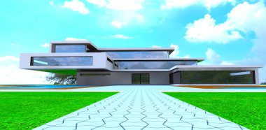 Elit tasarım banliyö malikanesinin üstündeki yoğun bulutlar. Girişe beton döşemeli yol. 3d oluşturma.