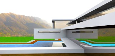 Seçkin mülkiyetin özel tasarımı. Camdan duvarlar içindeki dağların yansıması. 3d oluşturma.