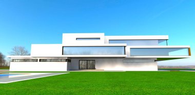 Yeni inşa edilmiş banliyö malikanesinin verandasının ön görünüşü. Taze kesilmiş çimenler. 3d oluşturma.