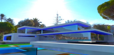 Geniş terası olan yeni inşa edilmiş bir banliyö villası. Geniş aynalı panoramik cephe. Arka planda parlak tropikal güneş ve palmiye ağaçları var. 3d oluşturma.