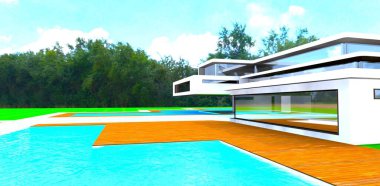 Turkuaz suyu olan havuz gölleri, yeşil ormana karşı inşa edilen yeni gelişmiş arazinin topraklarındadır. 3d oluşturma.