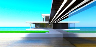 Britanya 'daki modern evin en gerekli tasarımı. Güverteli terastan sakin bir yaz okyanusu manzarası. 3d oluşturma.
