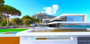 Miami 'den zengin bir yabancı için tasarlanmış lüks villanın çatısındaki modern terasın manzarası. 3d oluşturma.