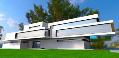 Çağdaş tasarım malikanesinin arkasında uzun camlı bir çam ağacı. Cam kapılı verandanın manzarası. 3d oluşturma.