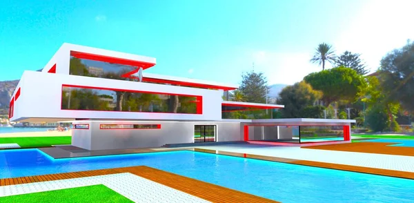 位于热带岛屿上的海滨上的精英式现代别墅 有一个巨大的游泳池 3D渲染 — 图库照片