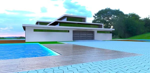 Interesting Design House Territory Front Garage Entrance Decked Area Swimming — Stock Photo, Image