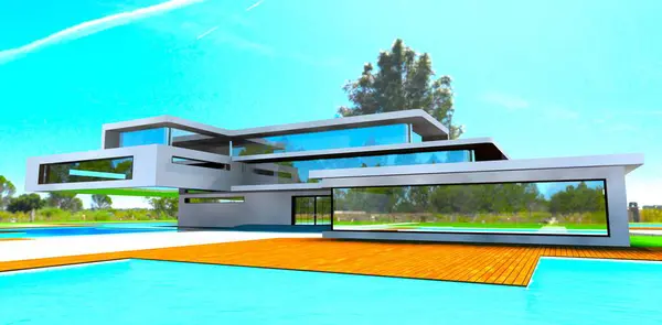 市郊时尚住宅的典范 区内设有宽阔的游泳池 白色的立面和宽阔的露台 3D渲染 — 图库照片
