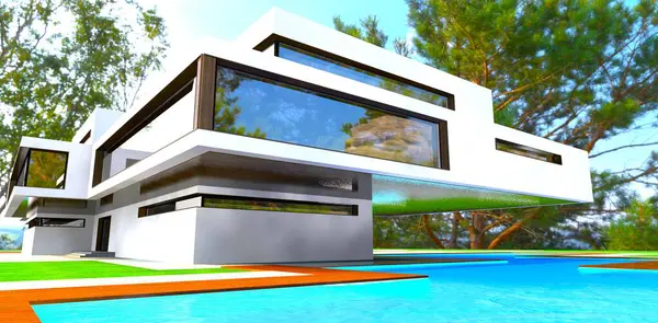 Modernes Landhaus Mit Schwimmbad Zeitgenössische Form Der Weißen Fassade Hintergrund — Stockfoto
