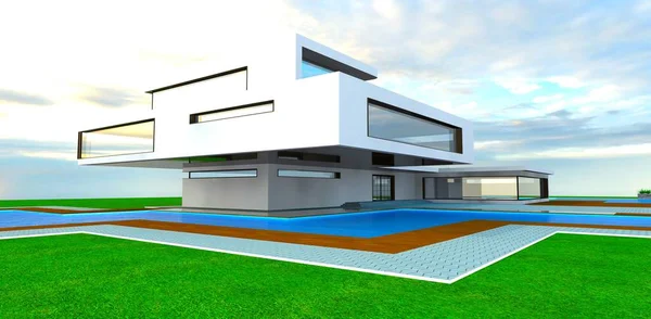 New Design White Facade Modern House Large Swimming Pool Territory — Stock Photo, Image
