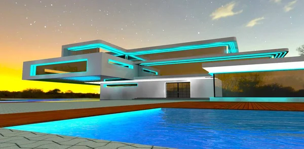 Night View Entry Contemporary Property Turquoise Exterior Illumination Rendering — Stock Photo, Image