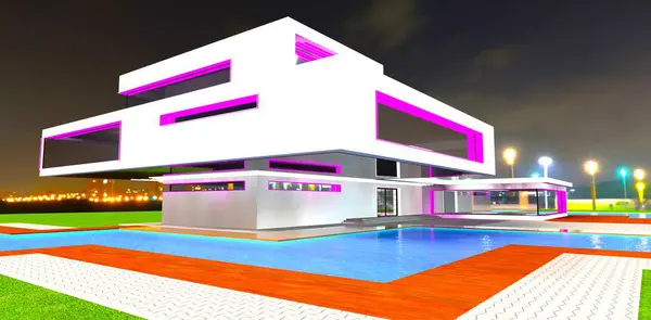 先进新建房屋的紫色照明窗框 夜灯和游泳池周围 3D渲染 — 图库照片