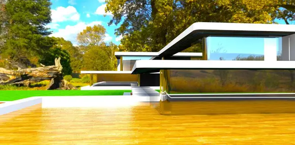 Conceito Villa Contemporânea Austrália Espaçoso Terraço Madeira Fachada Reflexiva Vidro — Fotografia de Stock