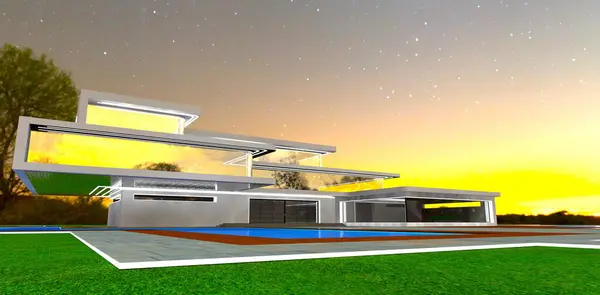 Der Sonnenaufgang Hinter Der Kürzlich Entworfenen Luxusvilla Für Reiche Aus — Stockfoto