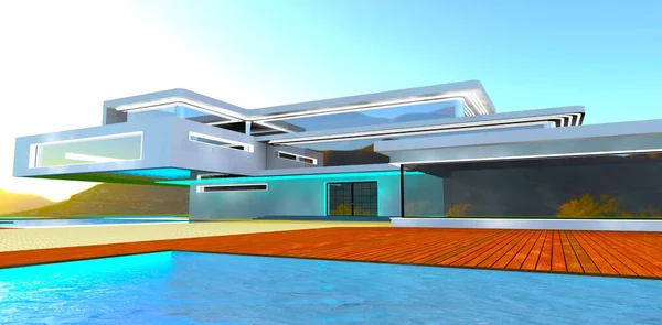 新设计的豪华住宅的宏伟入口 背景为山脉落日 3D渲染 — 图库照片