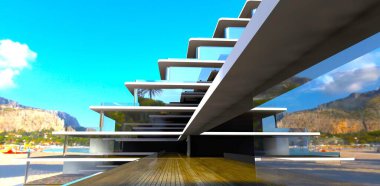 Tayland 'da okyanus körfezinde kendi kumsalı olan yeni tasarlanmış 5 yıldızlı bir otel. Cam cephedeki yüksek kayanın yansıması. 3d oluşturma.