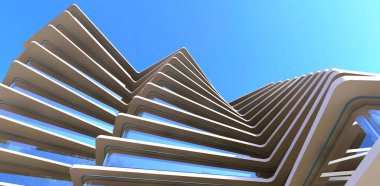 Apartman binası konsepti olağandışı. Alt manzara. Döner cephe. 3d oluşturma.