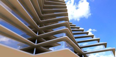 Yetenekli mimarın hayali. Düşük katlı apartmanın özel dış görünüşü. 3d oluşturma.