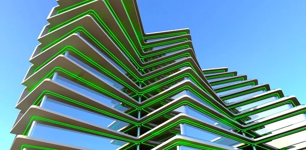 Ексклюзивний Дизайн Сучасного Багатоквартирного Будинку Зеленими Світлодіодними Зовнішніми Елементами Денний — стокове фото