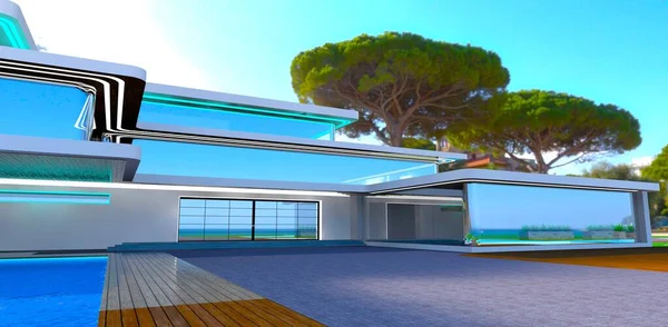 Smooth Glass Facade Newly Designed Luxury Mansion Tropical Island Ocean — Stock Photo, Image