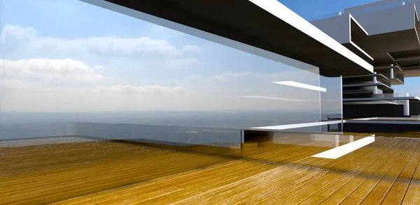 Нереальная Архитектура Просторный Просторный Балкон Роскошной Квартиры Панорамным Окном Высокими — стоковое фото