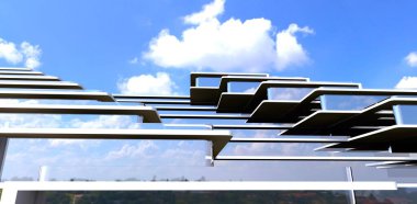 Gelişmiş otel cephesinde alt görünüm. Sophia 'nın yetenekli mühendisleri tarafından yapılmış yeni bir tasarım. 3d oluşturma.