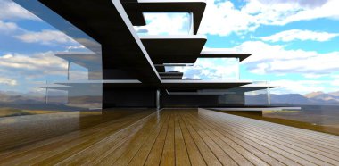 Las Vegas 'ın banliyölerindeki modern mülkün geniş terasında düz paralel panolar. 3d oluşturma.