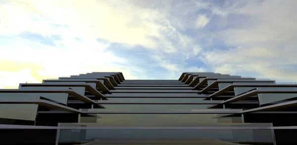 Ciemne Niebo Nad Fasadą Schodów Współczesnego Hotelu Szklaną Fasadą Dobry — Zdjęcie stockowe