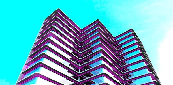 紫色发光的外在元素 低层公寓的底部看蓝色清洁的天空 3D渲染 — 图库照片