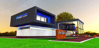 Alabama 'da güzel bir mülkün satışı. Ön ışıklandırma ve geceleri potansiyel alıcıları çekmek için bir tezgah. 3B görüntüleme.