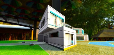 Kuzey Carolina tasarımcılarının modern kırsal gayrimenkullerin yaratıcı tasarımı. Metal dış kaplama, gölgeli arka planla iyi uyum sağlar. 3B görüntüleme.