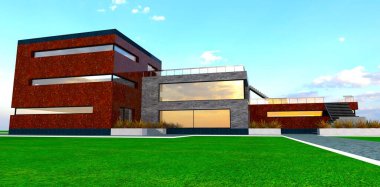 Yazarın, yenilikçi yapı malzemelerinin yer aldığı yüksek teknoloji ürünü özel bir ülke malikanesini bitirmek için tasarladığı tasarım. 3B görüntüleme.