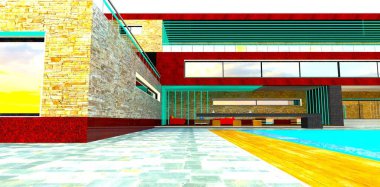 Rotterdam 'ın banliyölerinde modern bir ofisin bitirilmesinde doğal taş ve kırmızı granitin kombinasyonu. Çalışanların rahatlama alanının görüntüsü. 3B görüntüleme.